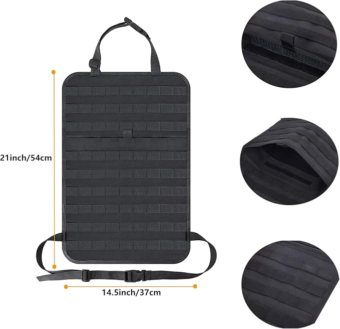 truck seat organizer and storage tactical car back seat back organizer with a Molle Vehicle Panel and 5 Different Size Molle Pouches for most models such as Jeep,SUV,Pickup (Black)