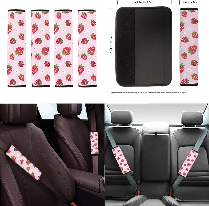 Strawberry Floral Print Car Seat Covers Set Includes Front Rear Seat Covers Headrest Protectors Steering Wheel Cover Seatbelt Pads Center Console Pad, 18Pcs Car Interior Decor