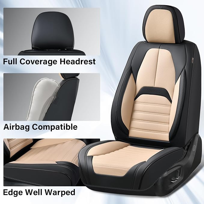 Coverado Waterproof Nappa Leather Car Seat Covers, Automotive Seat Covers，Front Car Seat Cushion & Car Seat Protector, Seat Covers Universal Fit for Most Cars, SUVs,Trucks,Black&Beige
