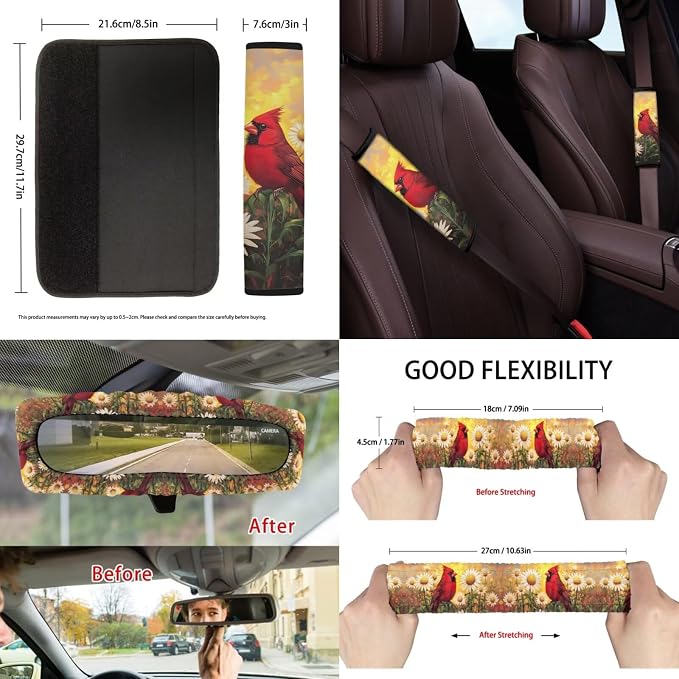 Suobstales Cardinal Daisy Flower Print 13 Pack Car Seat Cover Full Set Seat Cover Protector with Steering Wheel Cover + Seat Belt Covers + Car Trash Can + Rearview Mirror Cover + Coasters + Keychains