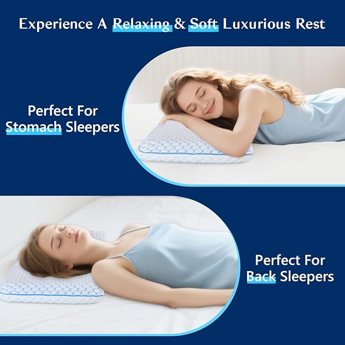 Stomach Sleeping Pillow for Back & Stomach Sleeper, Flat Soft Pillows for Sleeping Thin Memory Foam Pillow for Back Shoulder Neck Pain Relief - Cooling Ultra Thin Pillows for Sleepers 1.75-Inches
