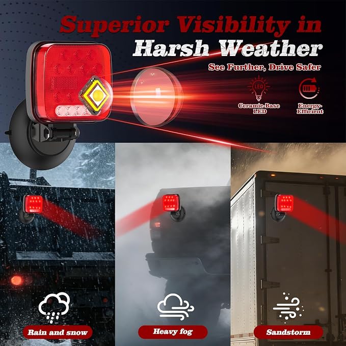 Wireless Trailer Lights Magnetic, Portable Rechargeable LED Towing Light Kit with 180° Adjustable Angle, IP67 Waterproof | Brake, Tail, Turn Signal, Reverse & Strobe Lights for Truck, RV, Camper, Boat