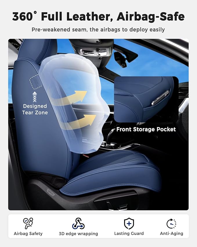 Huidasource Blue Seat Covers Luxury Nappa Leather, Car Seat Covers with Velcro Adjustable, Airbag, Lumbar Support, Cooling＆Heating, Seat Covers for Trucks Universal Fit for Most Cars SUV Trucks, Blue