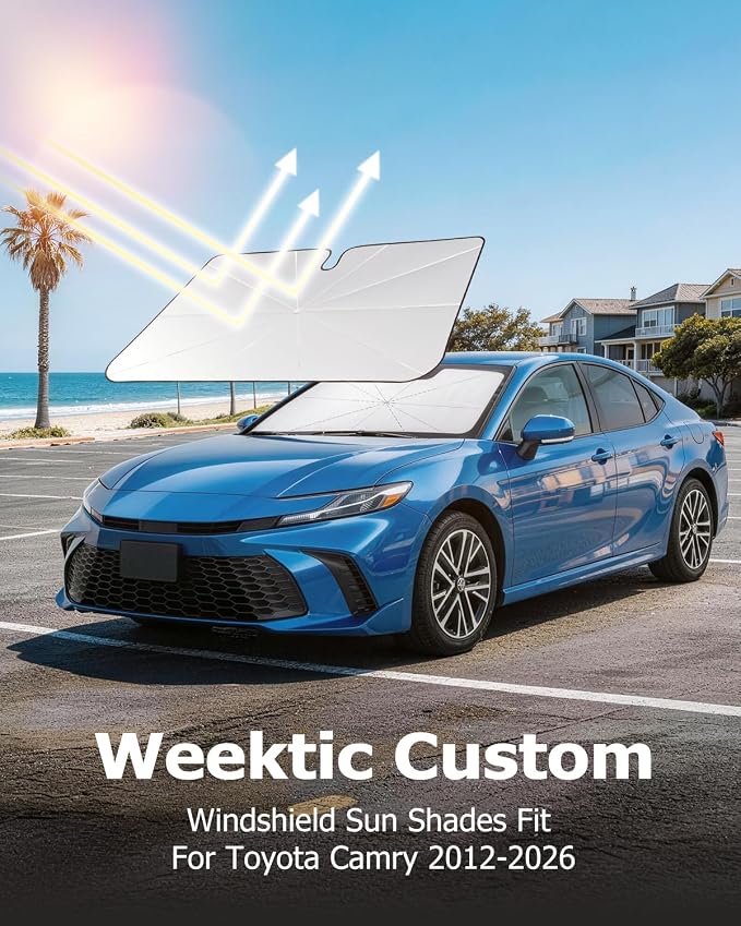 Weektic Custom Windshield Sun Shade Umbrella for Toyota Camry 2012-2026, [Double Thickened Ice Crystal Coating], Sun & Heat Protection, Keep Vehicle Cool & Protect Interior