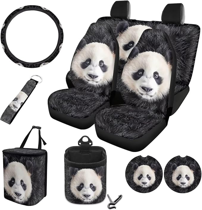 Panda Pattern Auto Accessories Set of 10, Front and Back Seat Covers for Car Steering Wheel Cover Cup Coasters Air Vent Pounch Bag Lanyard Keychain Car Trash Bin for Women Men