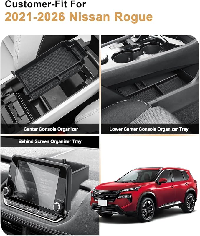ECOZEN Organizer Set For 2021-2026 Nissan Rogue - 3 Pcs Armrest Box Storage Tray + Lower Center Console Organizer Tray + 8-Inch Behind Screen Organizer Tray For 2021-2026 Rogue Accessories