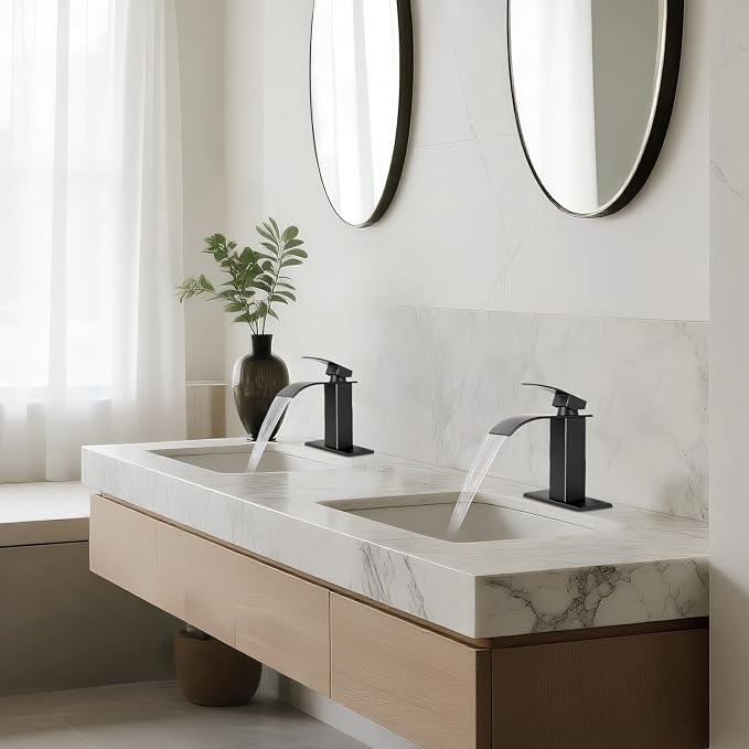 2 Pack Black Bathroom Faucets, Waterfall Bathroom Sink Faucet Modern Single Handle Bathroom Faucte 1 or 3 Hole, RV Mixer Tap Vanity Faucet - Includes Pop-up Drain Supply Hoses Deck Plate