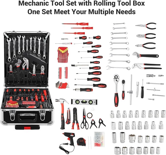 800-Piece Tool Kit with Aluminum Trolley Case, Mechanics Socket Set with Wrenches & Complete Hand Tools, Portable Repair Tool Box for Home, Auto, DIY & Garden Maintenance