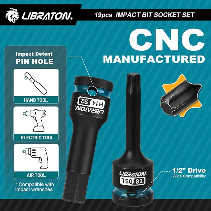 LIBRATON Impact HEX & TORX Bit Socket Set, 1/2" Dr, S2 Steel, 19PCS High Torque Sockets (H5-H19 + T30-T80) for Professional Mechanics & Automotive Repair (XPE Storage Cases)