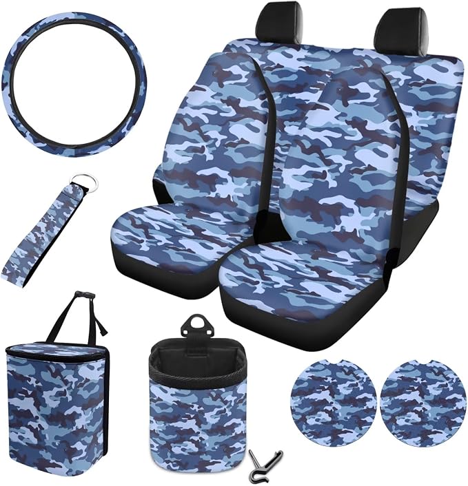 Blue Camo Pattern Auto Accessories Set of 10, Front and Rear Seat Covers Full Set, Steering Wheel Cover, Air Vent Storage Bag, Keychain, Car Trash Can, Cup Holders Car Interior Decor