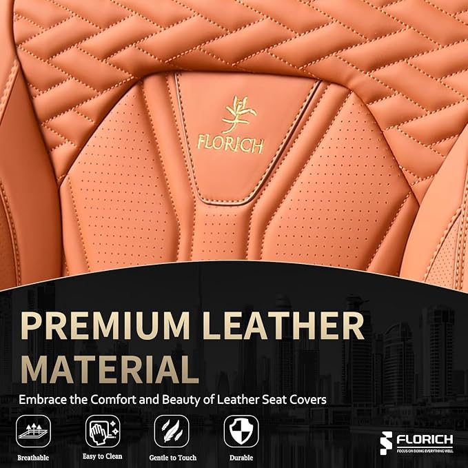 FLORICH Car Seat Covers Full Set Orange Seat Cover Front Seats and Back Leather Seat Covers for Cars Waterproof Car Seat Cushion Universal Car Seat Protector Fit for Most Cars Trucks SUVs
