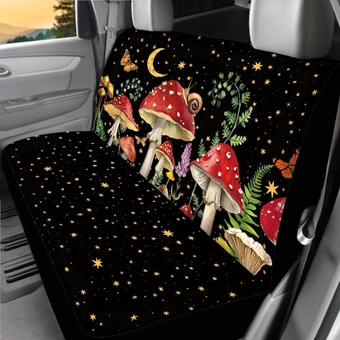 Mushroom Print Car Seat Covers Full Sets 18 Pieces Mushroom Car Interior Accessories with Car Headrest Covers Anti Slip Car Seat Belt Pads Cover Leakproof Auto Trash Can Steering Wheel Cover