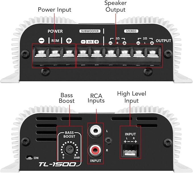 Taramp's TL 1500 Full Range 390 watts RMS 3 Channels Car Audio 2 Stereo Channels 1 Sub Channel Class D Amplifier, RCA/Wire Input, Bass Boost 13.8 VDC System, White
