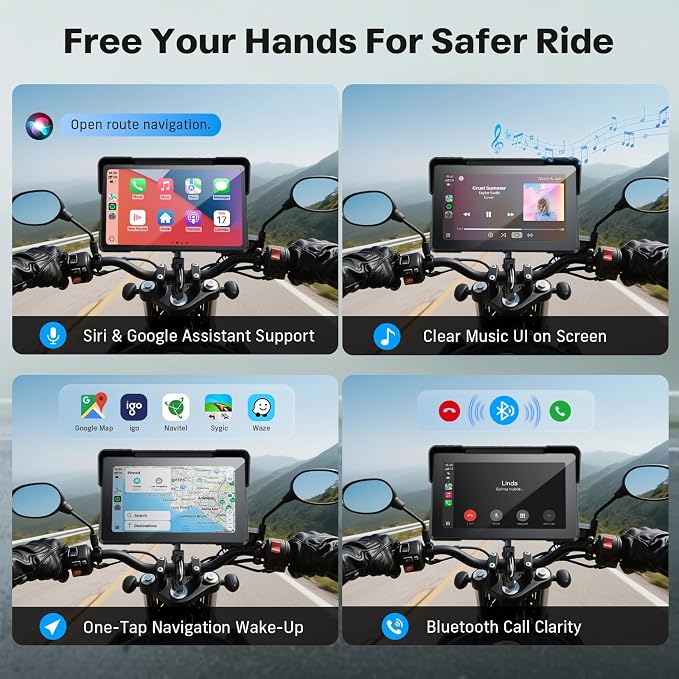 WonVon Motorcycle CarPlay Screen with Android Auto – 7” Waterproof GPS, Pantalla para Moto, Apple CarPlay, Navigation System for Motorcycle, Dual 4K Dash Cam Bluetooth Audio, BSD & TPMS