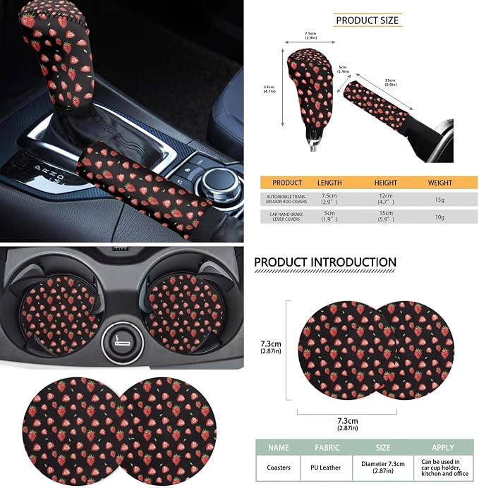 18Pcs Strawberry Car Seat Cover Set with Steering Wheel Cover,Headrest Protector, Car Cup Holder Coasters,Seat Belt Pads Armrest Pad Handbrake Protector and Key Chain