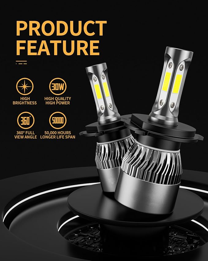 𝖧𝟦/𝟫𝟢𝟢𝟥 Bulbs 6500K Cool White 60000LM 900% Brighter, Plug and Play IP68 Waterproof Off-Road Lights, Pack of 2