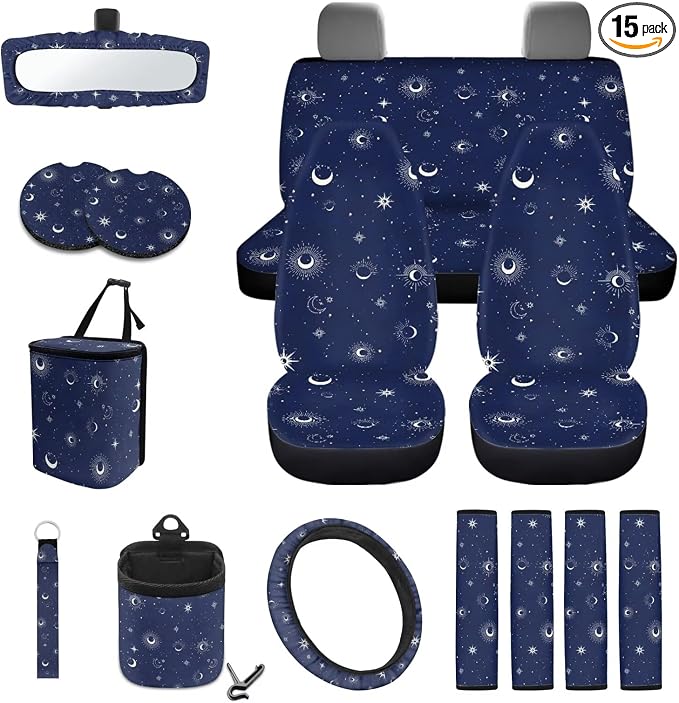 Wanyint Sun Moon Star Car Seat Covers Front Rear Split Bench Full Set Steering Wheel Cover Seat Belt Pads Coasters Trash Bin Hanging Storage Bag Cup Holders Rearview Mirror Cover Key Ring, 15 PCS