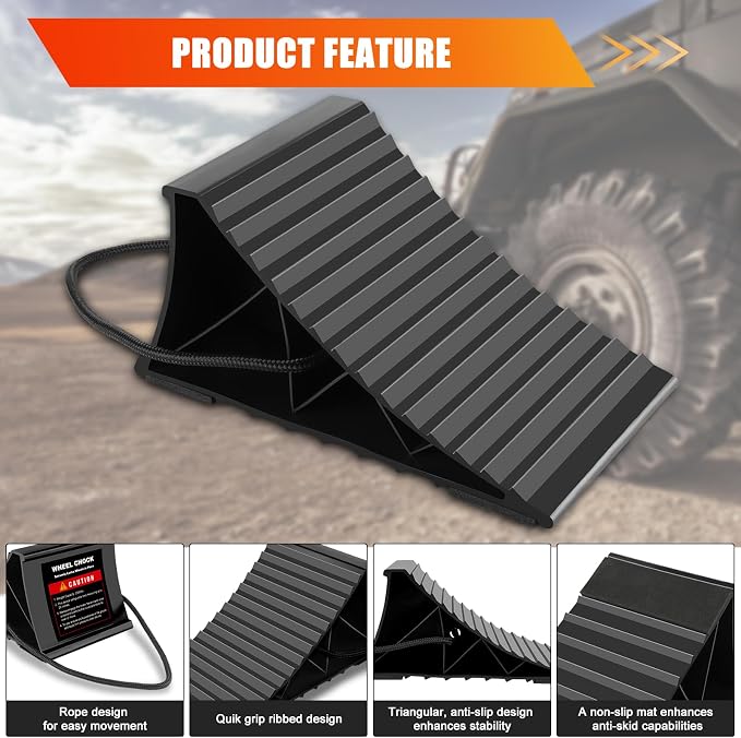 Wheel Chocks for RV Trailer, 4 Pack Non Slip Wheel Chocks for Travel Trailers with Rope for Easy Removal, Lightweight Plastic Wheel Stoppers Block for Camper Cars Trucks