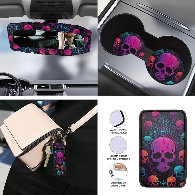 Skull Printed Car Front Rear Seat Covers Spider Web Print Steering Wheel Cover Matched Seatbelt Covers Waterproof Lipstick Holder Keychain Headrest Covers Universal Fit Most Vehicles