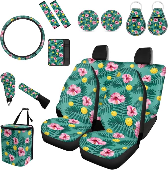 Forchrinse Tropical Hibiscus Green Palm Print Car Seat Covers for Women Hawaii Auto Interior Set with Steering Wheel Cover/Armrest Cover/Seatbelt Cover/Coaster/Keychain/Handbrake Gear Shift Cover