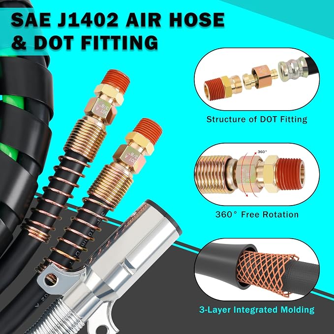 CheeMuii 18FT Semi Truck Air Line Kit with Gladhands Handles Air Line Holder and Springs Kit 7 Way Trailer Cord and 3-in-1 Air Brake Hoses for Semi Truck Trailer Tractor