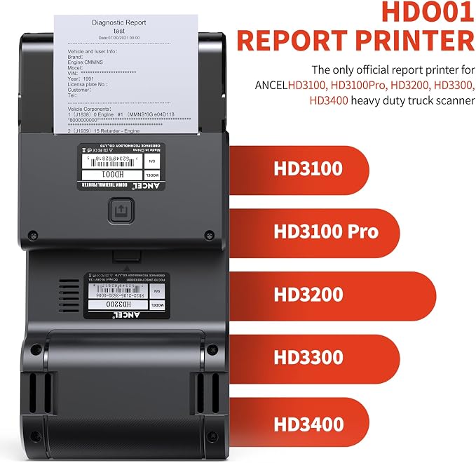 ANCEL HD Series-Compatible Printer for HD3100, HD3100 PRO, HD3200, HD3300, HD3400, HD3500, HD3600: Exclusive Heavy Duty Truck Scanner Diagnostic Tool Accessory for Diesel Vehicle Reports