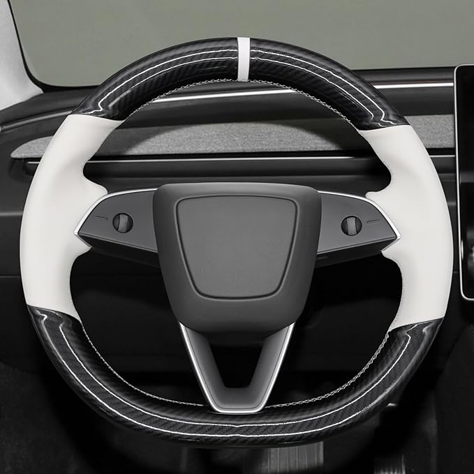 MEWANT Stitching White Faux Leather PU Carbon Fiber Steering Wheel Cover for Tesla Model 3 Highland 2025 Model Y Juniper