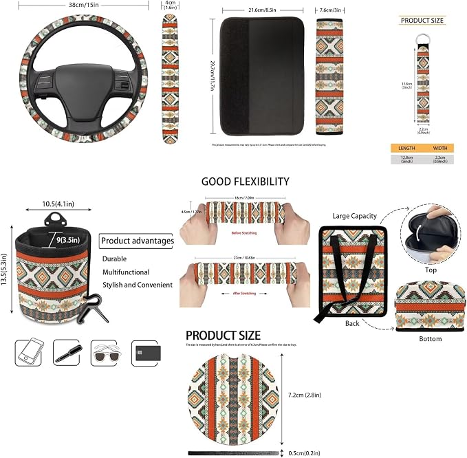 XYZCANDO Ethnic Tribe Auto Seat Cover Sets 15 PCS Car Seat Cover Set Car Rear View Mirror Cover Steering Wheel Cover Seat Belt Pads Cover Garbage Bag Storage Box Coasters Keychain Fit Most Cars