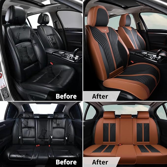 FLORICH Car Seat Covers Front Leather Seat Cover Waterproof Seat Cover for SUV Full Coverage Car Seat Protector Universal Fit for Most Cars Trucks SUV, Brown&Black