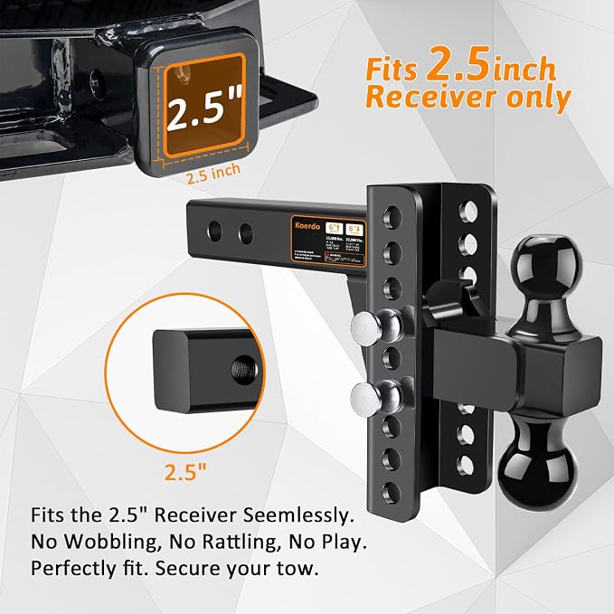 Adjustable Trailer Hitch Fits 2.5" Receiver, Drop Hitch & Tow Hitch with 6-Inch Drop/Rise, 2" & 2-5/16" Dual Ball Hitches for Trucks, 22,000 lbs GTW, Trailer Hitches with Anti-Theft Pin, Black