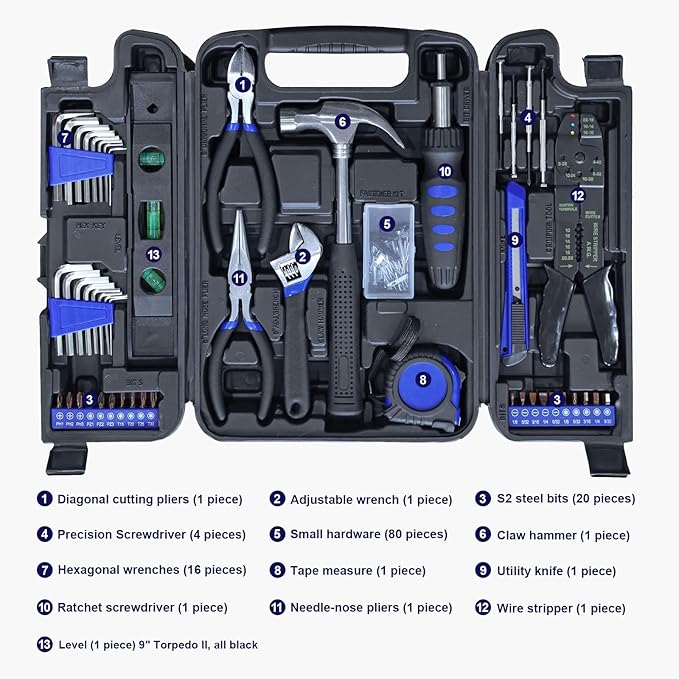 GSTANDARD 129-Piece Mechanic Tool Set | General Household Hand Tool Kit with Plastic Storage Case