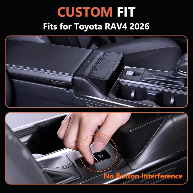 For Center Console Organizer Tray for 2026 Toyota RAV4 Hybrid&RAV4 Plug-in Hybrid with Cover Lid - [Keeps Flush with the Armrest Lid for Enhanced Driving Comfort] - Black