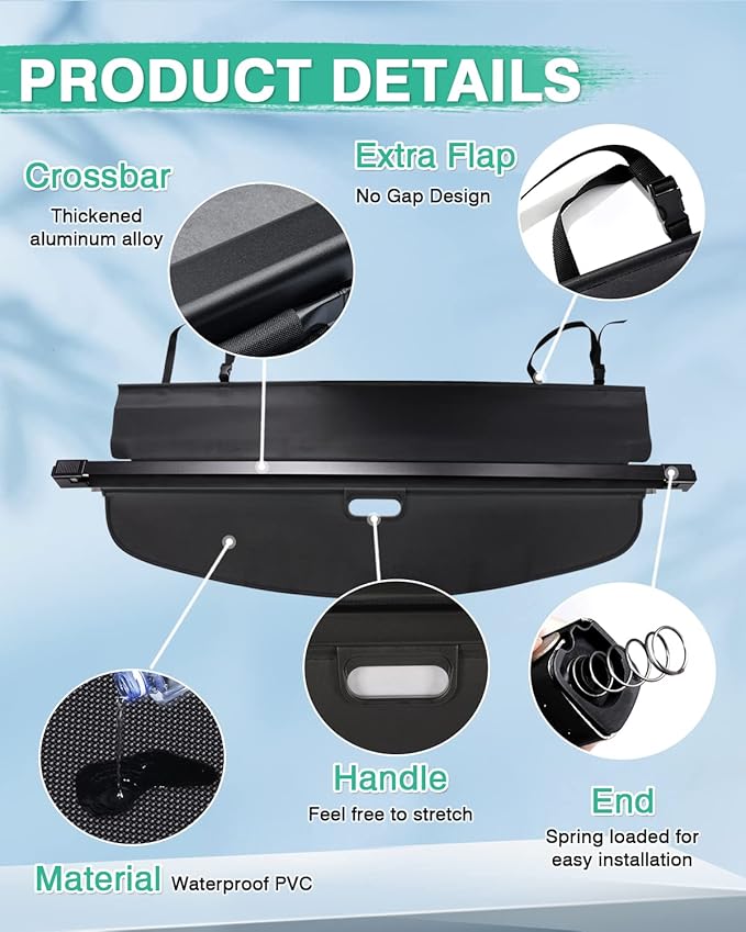 Powerty Custom Fit for Cargo Cover Acura RDX 2013-2018 Retractable Trunk Shielding Shade Cargo Luggage Cover (Updated Version:no Gap)(ONLY for with Power Tailgate Rear GATE,NOT FIT for Base Model)