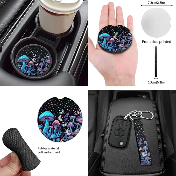 Blue Mushrooms Car Seat Covers Universal Fit 14Pcs Butterfly Mushroom Cottagecore Car Accessories Protection with Steering Wheel Cover Keychain Coasters