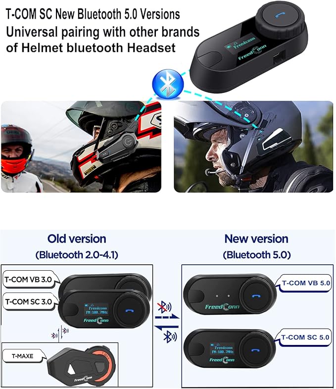 FreedConn Motorcycle Helmet Communication System T-COM SC 2Pack, 2-Way 800M Universal Helmet Bluetooth 5.0 Intercom kit with LCD Screen for Motorbike, Music Sharing/FM Radio/Siri/ IP65/ 2 in1 mic