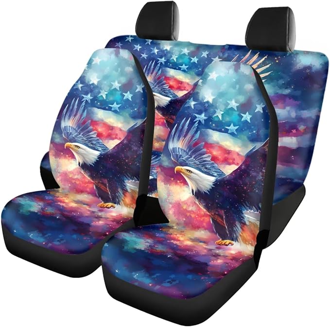 18 Pcs Eagle American Flag Car Interior Accessories Set, Car Seat Covers Full Set with Auto Steering Wheel Cover Floor Mats Armrest Pad Seat Belt Pads Handle Wraps Cup Coaster Keychain