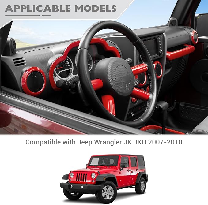 JeCar 18pcs for Jeep Wrangler Interior Trim Kits Red Interior Accessories for Jeep Wrangler JK JKU 2007-2010 Sahara Sport Rubicon