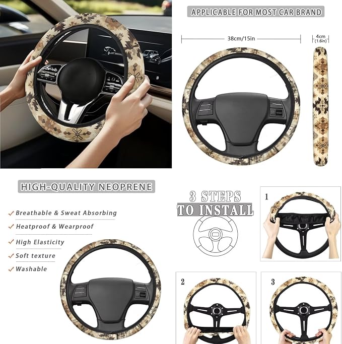 Southwest Aztec Car Accessories Car Seats Cover Protector, Steering Wheel Covers, Seatbelt Cover, Car Trash Can, Cup Coasters, Rearview Mirror Cover, Keychains, Pack of 15