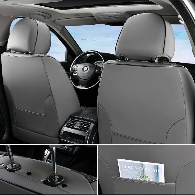 Doogo Leather Seat Covers, Automotive Seat Covers 2PCS,Waterproof Front Seat Cover for Cars, Luxury Leatherette Car Seat Cushion, Gray Seat Covers for Sedan SUV Pick-up Truck (Gray&Black,Front Pair)