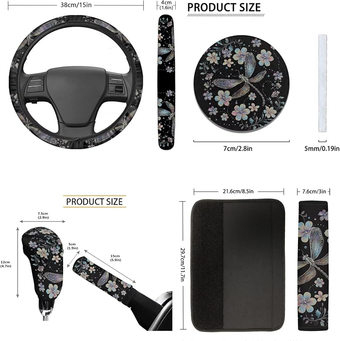 Tupalatus Dragonfly Pattern Car Seat Covers Full Set Fashion Car Interior Accessories Steering Wheel Cover Auto Seat Belt Cover Coasters Gear Shift Cover Hand Brake Cover 9 Pieces