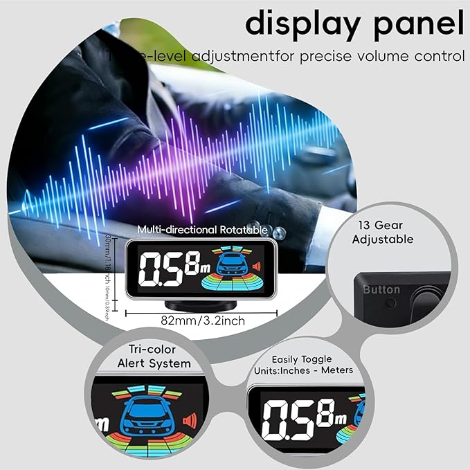 Backup Parktronic System Car Auto Vehicle Reverse with 8 Parking Sensors kit, LCD Display, Distance Detection (Meter/Foot Switchable), Buzzer Alarm and Voice Prompt Function（White