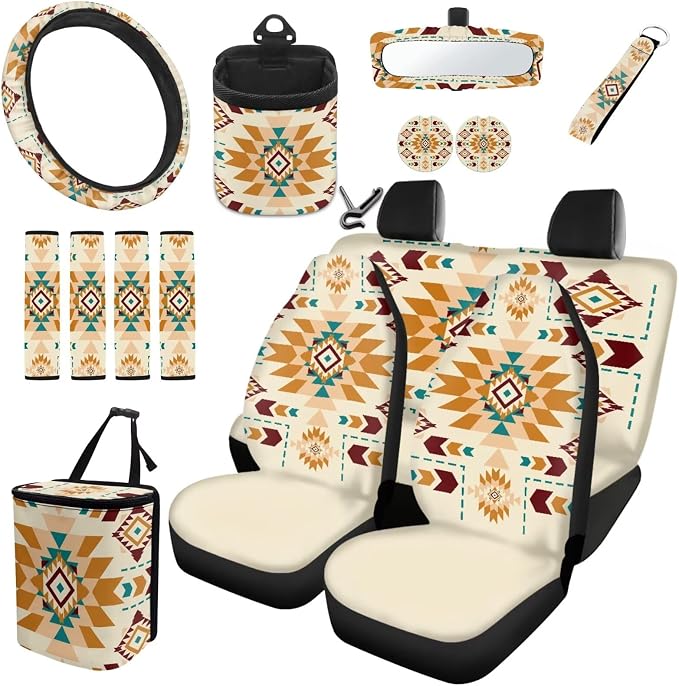 XYZCANDO Ethnic Prints Auto Interior 15 PCS Full Set Car Seat Cover Set Steering Wheel Cover Seat Garbage Bag Storage Box Belt Pads Cover Car Rear View Mirror Cover Coasters Keychain Fit Most Cars