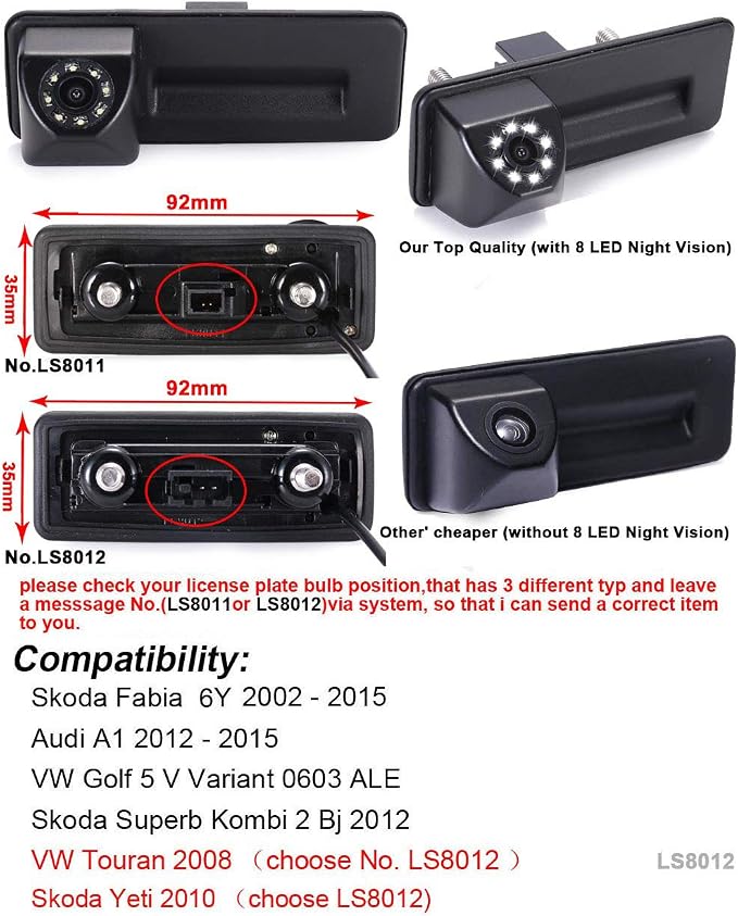 8 LEDs Night Vision Super HD Trunk Handle Parking Camera, HD BackupCamera fit for Skoda Fabia Y6/Audi A1/VW Golf 5 V Variant 0603 ALE/Skoda Superb Kombi 2 Bj 2012/Skoda Yeti 2010