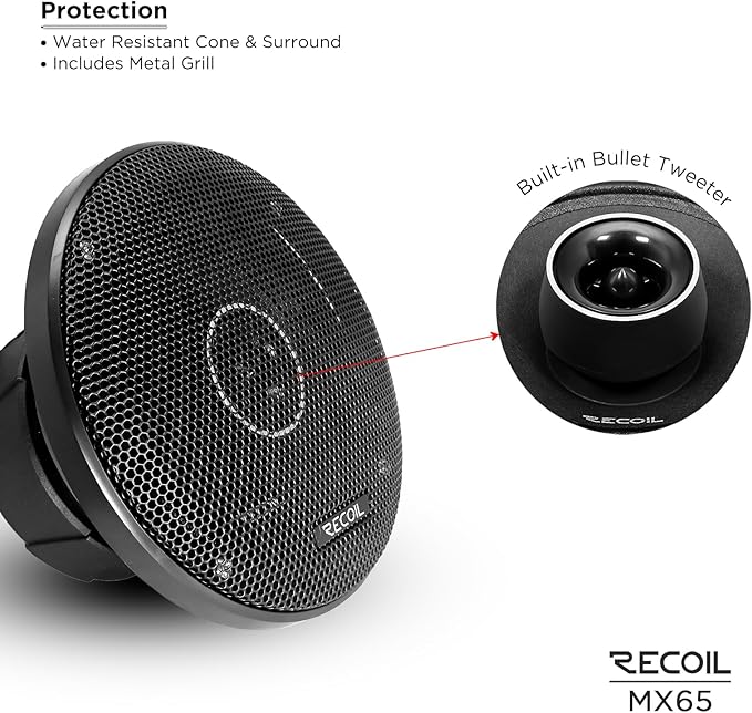 RECOIL MX65 6.5-Inch 2-Way Pro Audio Midrange Coaxial Speakers with Built-in Bullet Tweeters 560 Watts Max Pair 4-Ohm Water Resistant, Grills Included