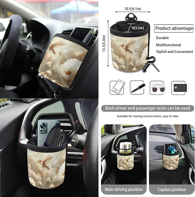 Hummingbird Flower Print Car Seat Covers Full Set with Steering Wheel Cover for Women, Decorative Safety Belt Pads Cup Cushions Storage Trash Can Car Air Vent Organizer