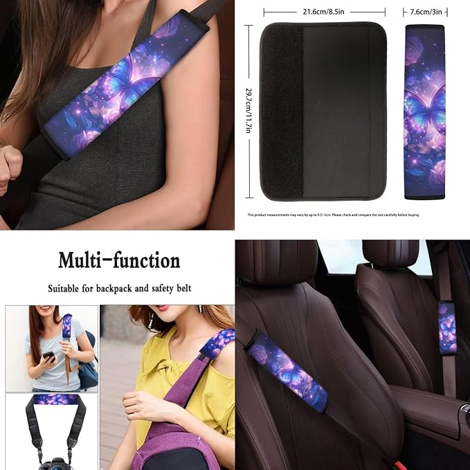 8 Pcs Purple Butterfly Rose Design Car Interior Accessories for Women, Car Seat Covers with Auto Steering Wheel Cover, Auto Center Console Pad, Seat Belt Covers, Automotive Decorations