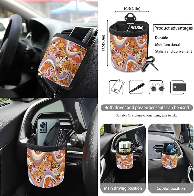 80s 90s Groovy Hippie Daisy Print Car 15pcs Accessories, Front and Back Seat Covers for Cars Steering Wheel Cushion Seat Belt Pad Trash Can Coasters Universal Fit