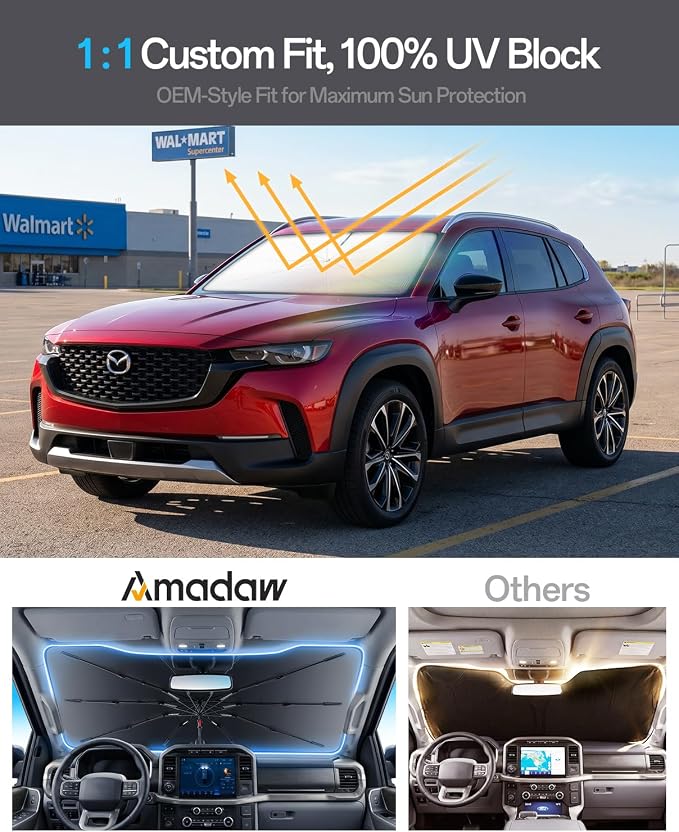 Windshield Sun Shade for Mazda CX-50/90 2023–2026, Foldable Umbrella Sunshade with 100% UV Block, Multi-Layer Heat Insulation, Reinforced 10-Rib Frame, Keeps Car Cooler, Summer Car Accessory