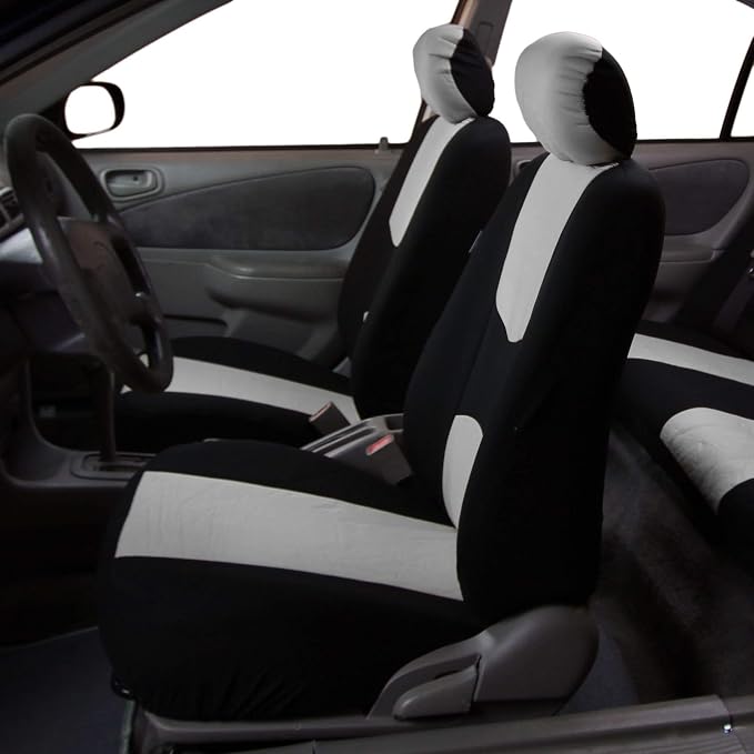 FH Group Car Seat Covers Flat Cloth Front Seats Only Gray Automotive Seat Cover, Airbag Compatible Universal Fit Interior Accessories Cars Trucks SUV Combo Steering Wheel Cover & Seat Belt Pads