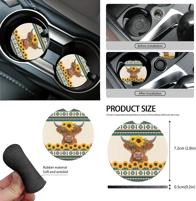 Wanyint Car Seat Cover Set 15 PCS, with Steering Wheel Seat Belt Strap Rear View Mirror Cover Trash Can Cup Coaster Keychain Air Vent Storage Bag Universal Fit, Aztec Highland Cow Sunflower Blue